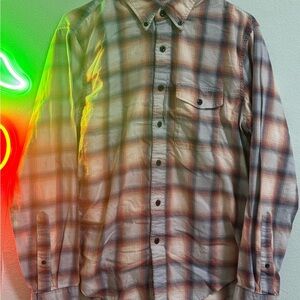 Abercrombie & Fitch Men's Plaid Button-Down Shirt in a cool red and blue tone.